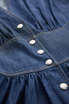 V Yaka Kısa Kollu Cepli Bele Oturan Regular Midi Mavi Elbise