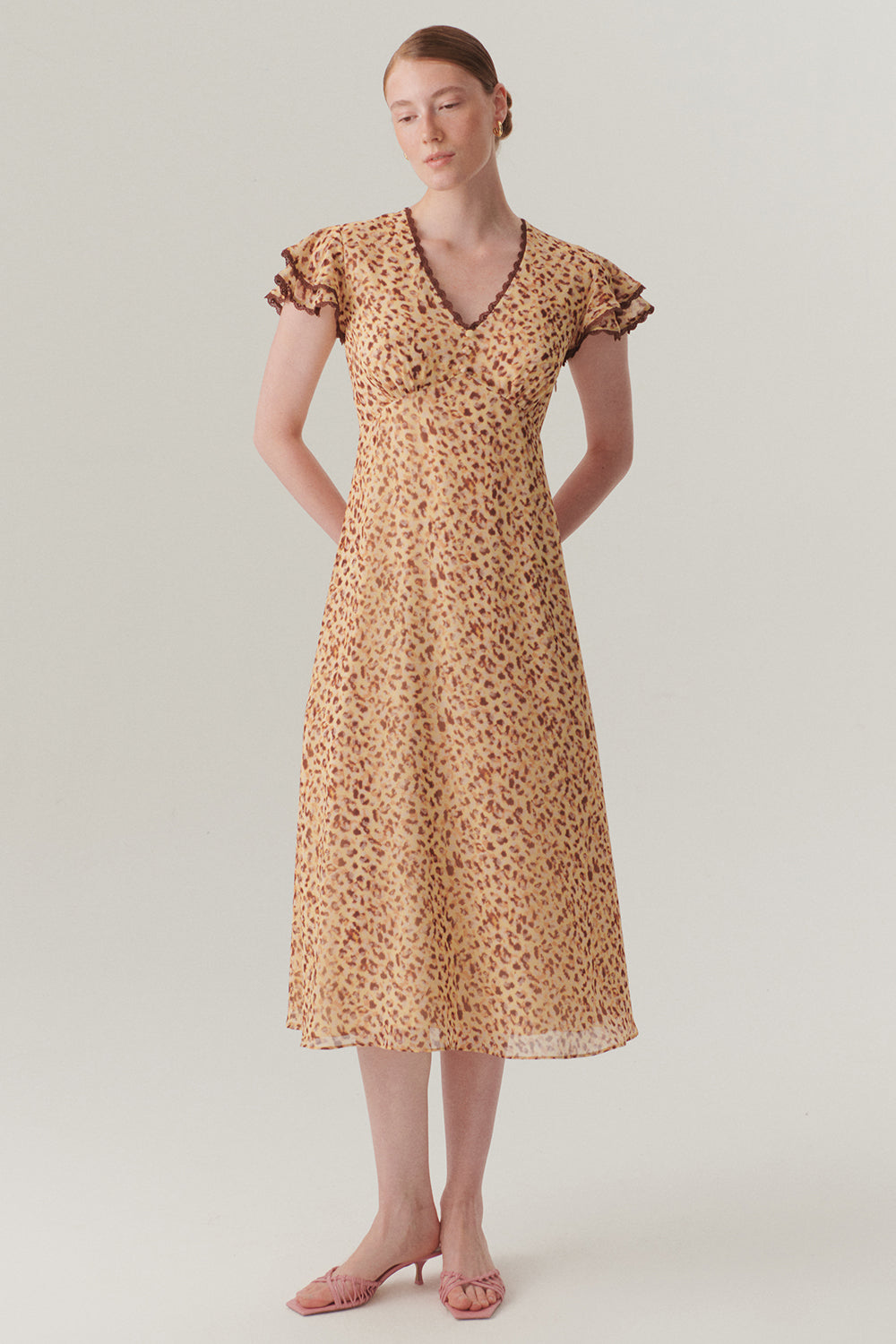 Exquise-V Yaka Kol Detaylı Desenli Midi Boy şifon Elbise-ELBİSE-1-Milagron.com