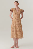 Exquise-V Yaka Kol Detaylı Desenli Midi Boy şifon Elbise-ELBİSE-1-Milagron.com