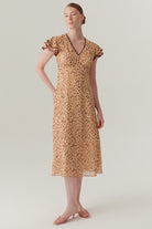 Exquise-V Yaka Kol Detaylı Desenli Midi Boy şifon Elbise-ELBİSE-2-Milagron.com