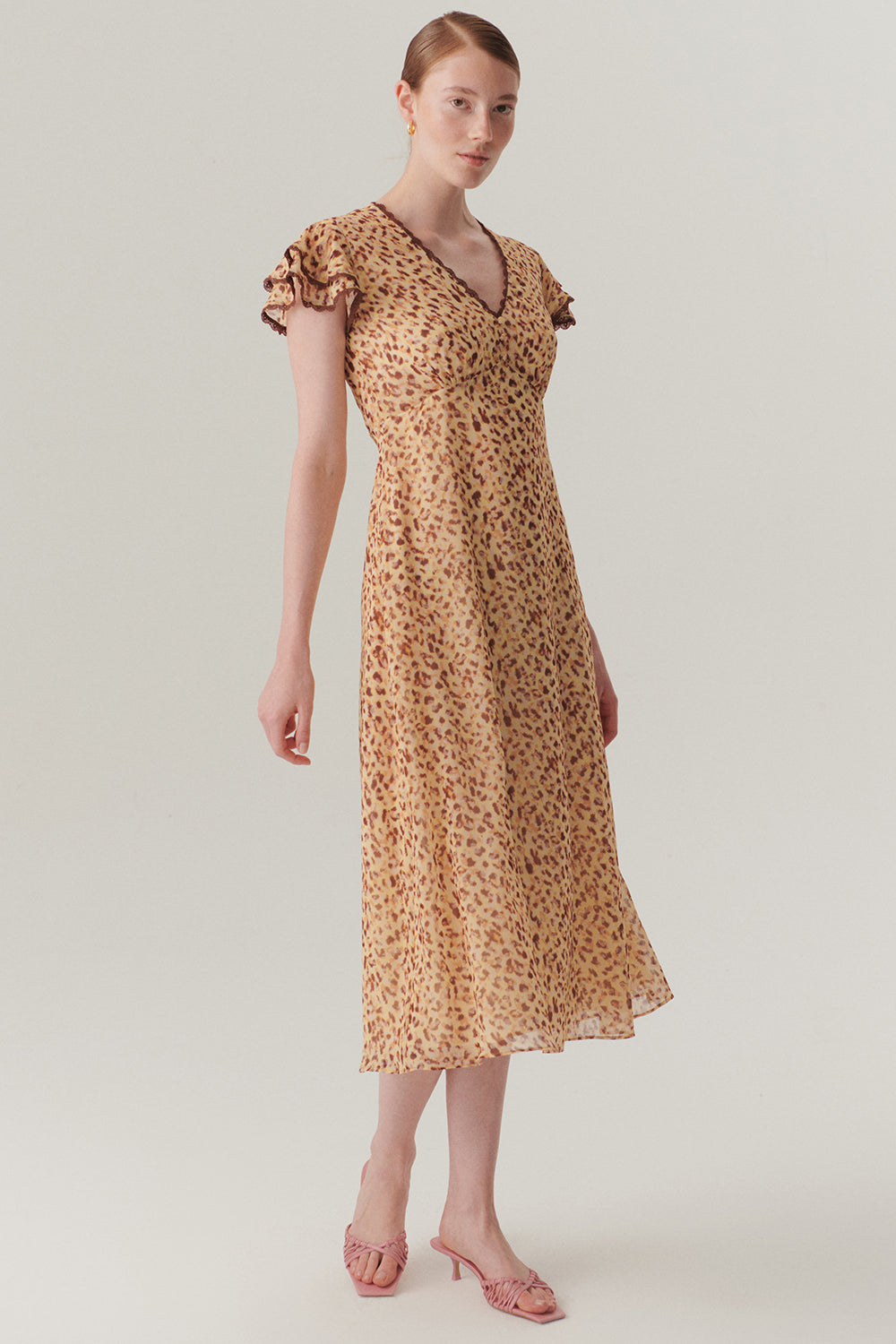 Exquise-V Yaka Kol Detaylı Desenli Midi Boy şifon Elbise-ELBİSE-3-Milagron.com