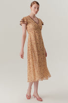 Exquise-V Yaka Kol Detaylı Desenli Midi Boy şifon Elbise-ELBİSE-3-Milagron.com