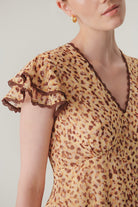 Exquise-V Yaka Kol Detaylı Desenli Midi Boy şifon Elbise-ELBİSE-5-Milagron.com