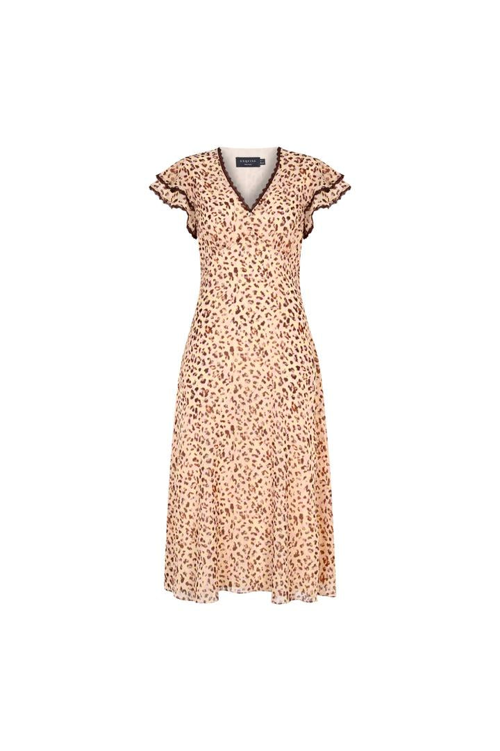 Exquise-V Yaka Kol Detaylı Desenli Midi Boy şifon Elbise-ELBİSE-6-Milagron.com