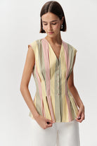 V Yaka Kolsuz Bele Oturan Pileli Regular Çok Renkli Gömlek