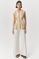 V Yaka Kolsuz Bele Oturan Pileli Regular Çok Renkli Gömlek