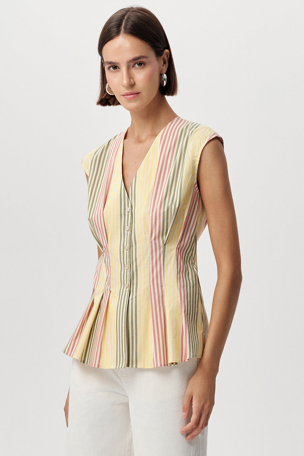 V Yaka Kolsuz Bele Oturan Pileli Regular Çok Renkli Gömlek