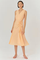 Exquise-V Yaka Kolsuz Büzgü Detaylı Regular Midi Boy Elbise-ELBİSE-1-Milagron.com