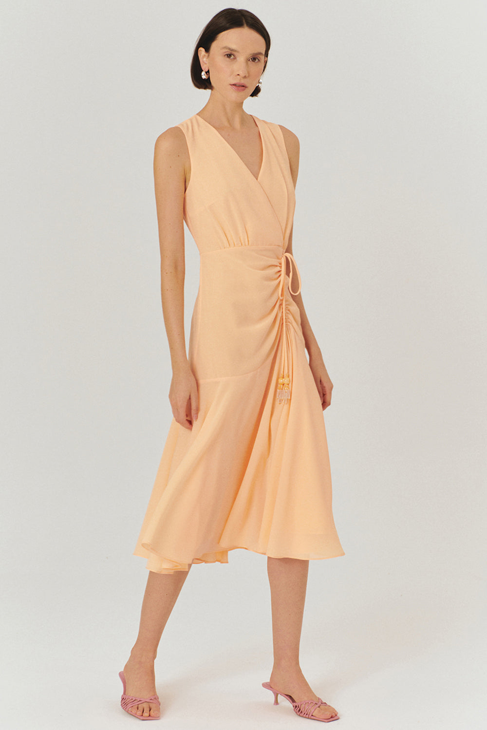 Exquise-V Yaka Kolsuz Büzgü Detaylı Regular Midi Boy Elbise-ELBİSE-2-Milagron.com