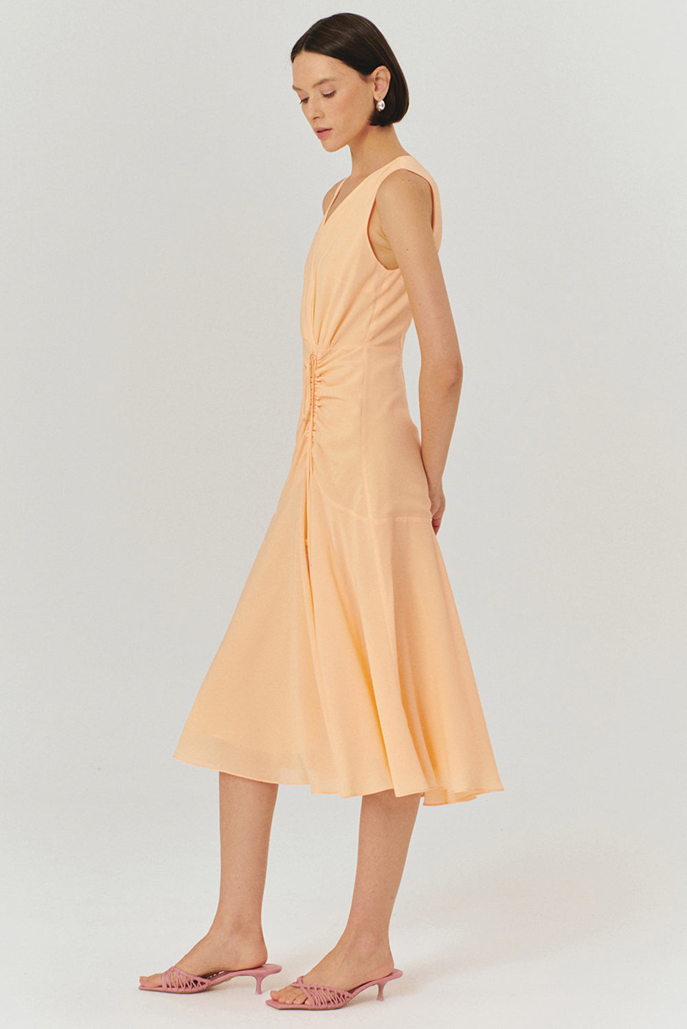 Exquise-V Yaka Kolsuz Büzgü Detaylı Regular Midi Boy Elbise-ELBİSE-4-Milagron.com