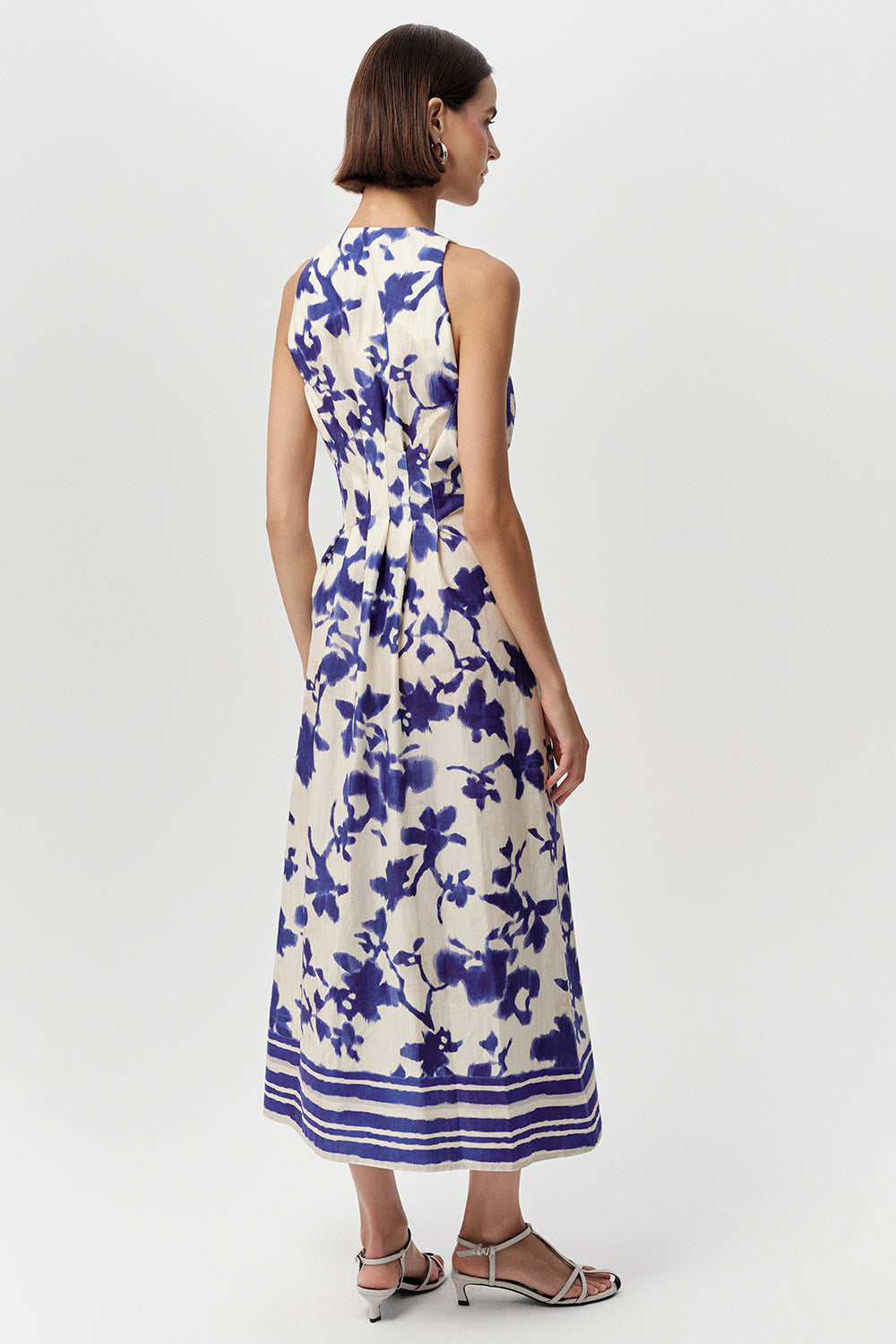 V Yaka Kolsuz Cepli Düğmeli Regular Midi Saks Kemik Elbise