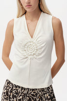 V Yaka Kolsuz Dantelli Slim Fit Örme Ekru Bluz