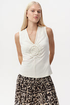 V Yaka Kolsuz Dantelli Slim Fit Örme Ekru Bluz