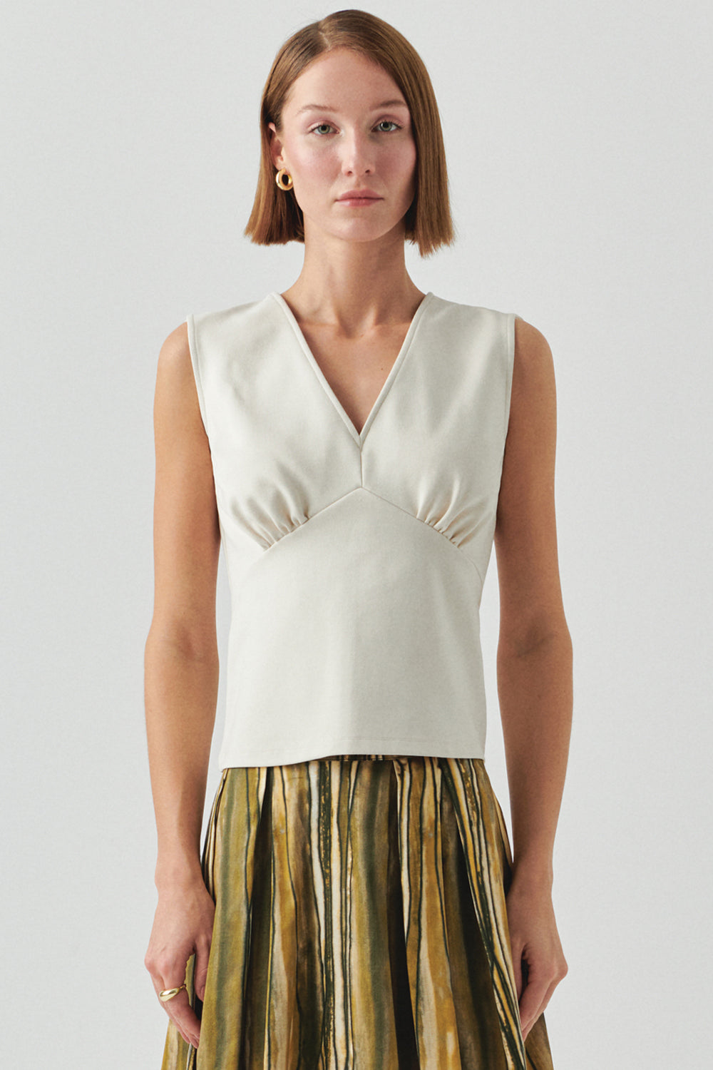 Exquise-V Yaka Kolsuz Slim Fit örme Krem Bluz-BLUZ-1-Milagron.com