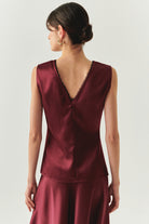 Exquise-V Yaka Slim Fit Saten Görünümlü Vişne Bluz-BLUZ-2-Milagron.com