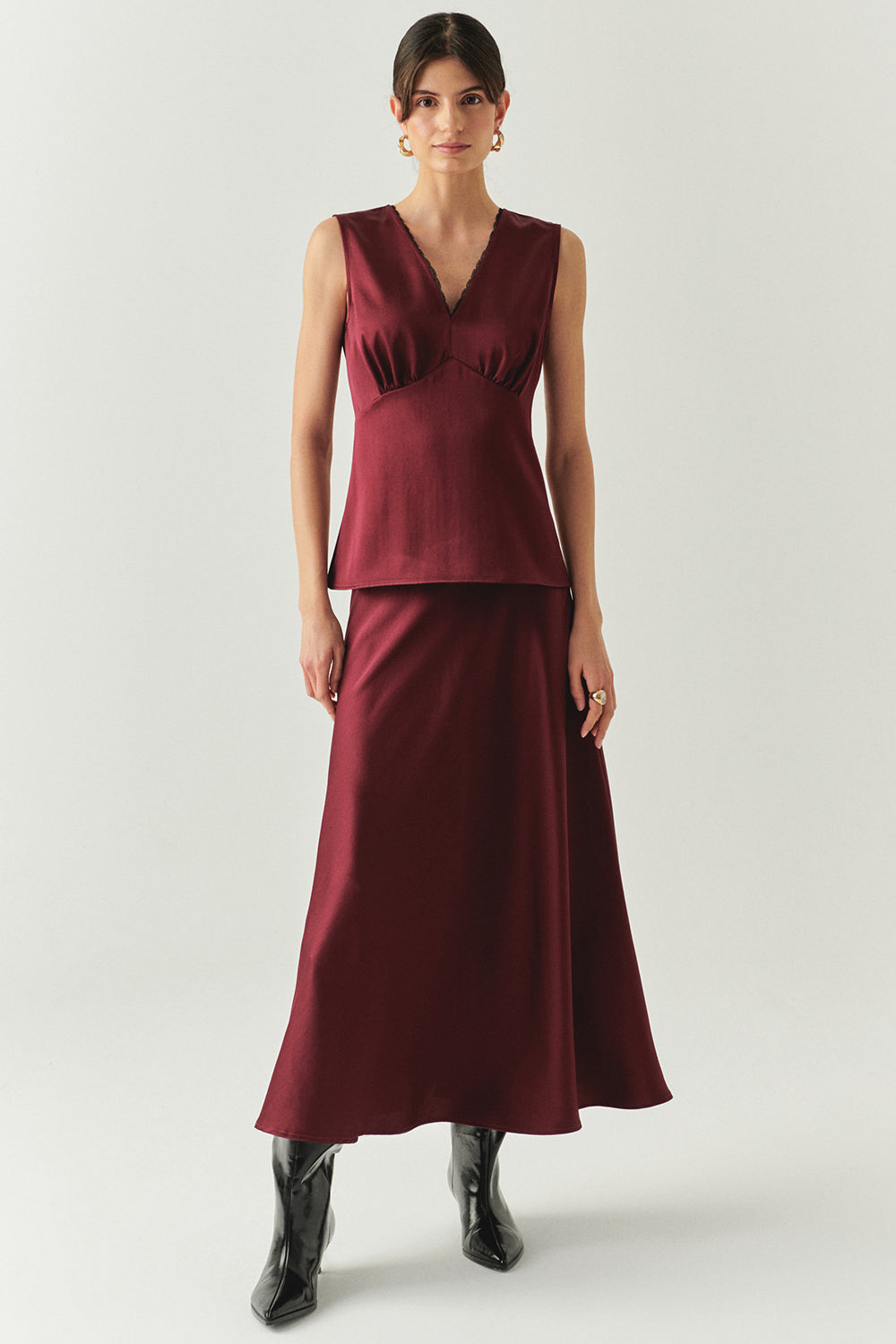 Exquise-V Yaka Slim Fit Saten Görünümlü Vişne Bluz-BLUZ-5-Milagron.com