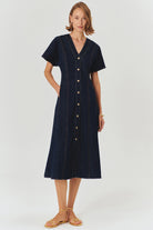 Exquise-V Yaka Yarasa Kol önden Düğmeli Regular Fit Midi Boy Elbise-ELBİSE-1-Milagron.com