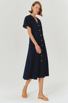 Exquise-V Yaka Yarasa Kol önden Düğmeli Regular Fit Midi Boy Elbise-ELBİSE-2-Milagron.com