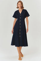 Exquise-V Yaka Yarasa Kol önden Düğmeli Regular Fit Midi Boy Elbise-ELBİSE-3-Milagron.com