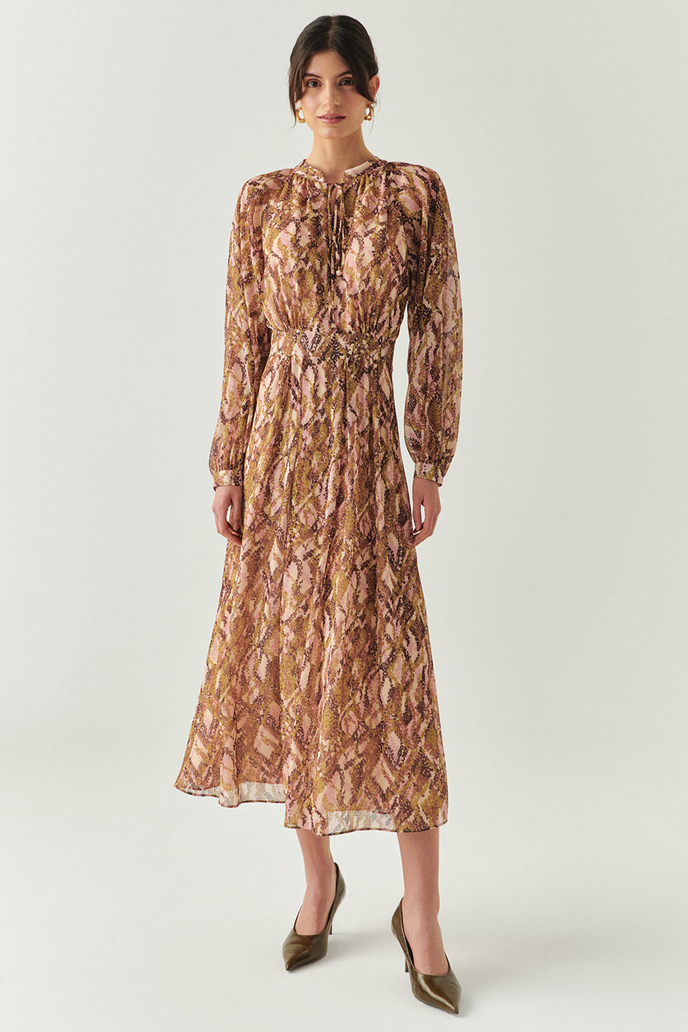 Exquise-Yakası Bağcıklı Bele Oturan Astarlı Regular çok Renkli Midi Elbise-ELBİSE-1-Milagron.com