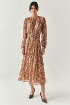 Exquise-Yakası Bağcıklı Bele Oturan Astarlı Regular çok Renkli Midi Elbise-ELBİSE-1-Milagron.com