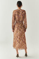 Exquise-Yakası Bağcıklı Bele Oturan Astarlı Regular çok Renkli Midi Elbise-ELBİSE-2-Milagron.com