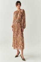 Exquise-Yakası Bağcıklı Bele Oturan Astarlı Regular çok Renkli Midi Elbise-ELBİSE-3-Milagron.com