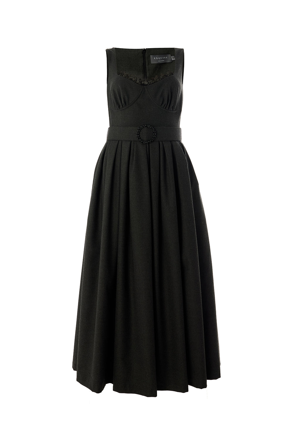 Exquise-Yakası Dantelli Kuplu Taşlı Tokalı Kemerli Regular Midi Gri Elbise-ELBİSE-6-Milagron.com