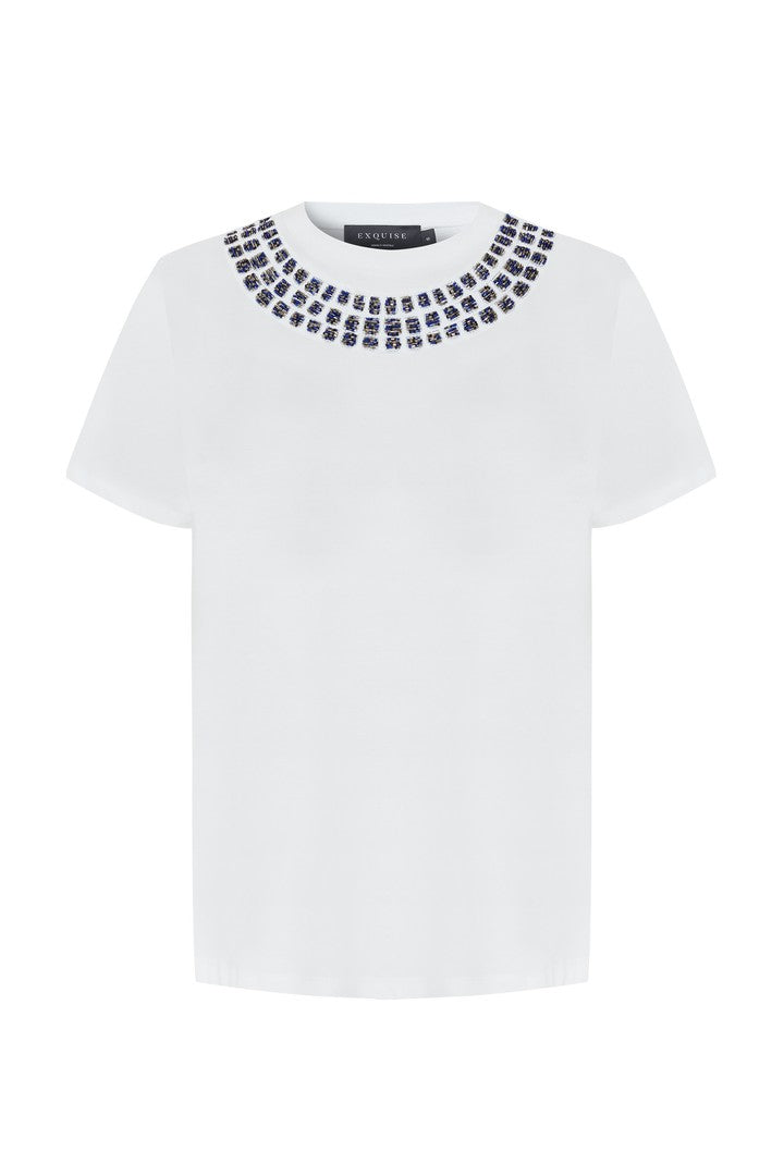 Exquise-Yakası İşleme Detaylı Bisiklet Yaka Beyaz Regular Pamuklu örme Tişört-T-Shirts-6-Milagron.com