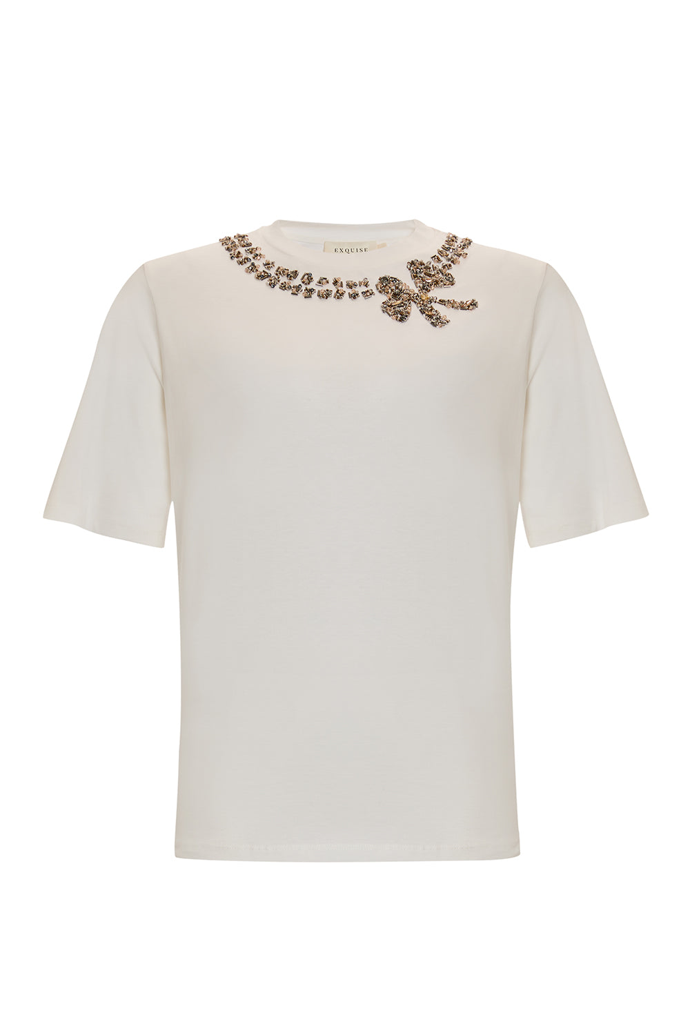 Exquise-Yakası İşlemeli Kısa Kollu örme Regular T Shirt-T-SHIRT-1-Milagron.com