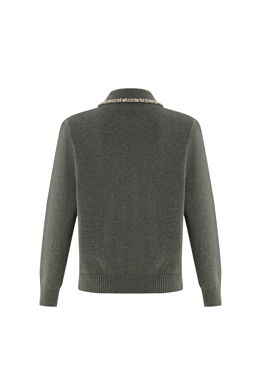 Exquise-Yakası Taşlı Uzun Kollu Regular Triko Gri Bluz-BLUZ-6-Milagron.com