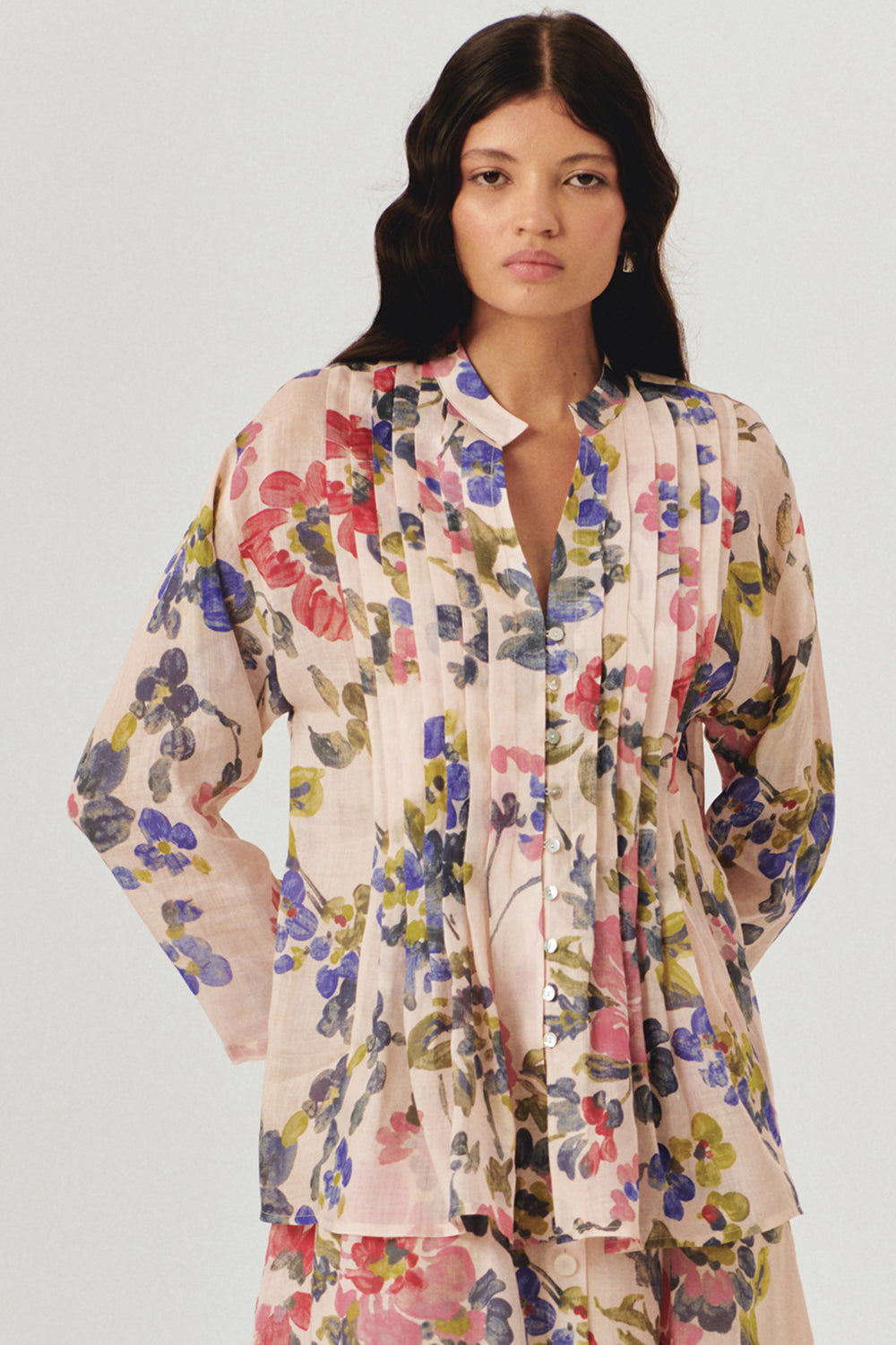 Exquise-Yakasız Rahat Kalıp Floral Desen Bluz-BLUZ-1-Milagron.com