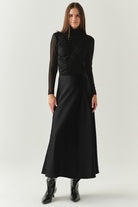 Exquise-Yandan Fermuarlı Yüksek Bel Grogren Detaylı Saten Regular Siyah Midi Etek-ETEK-1-Milagron.com