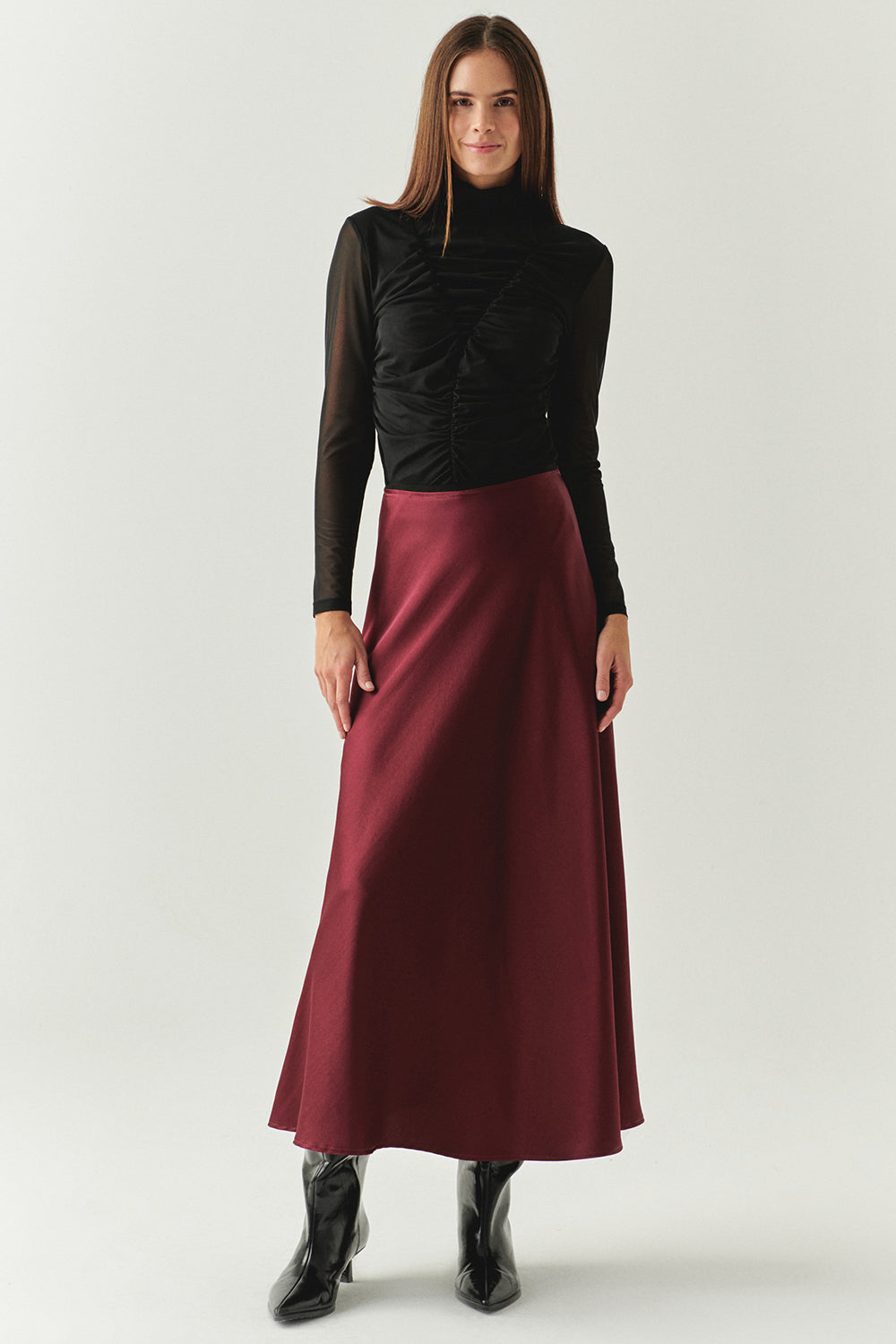 Exquise-Yandan Fermuarlı Yüksek Bel Grogren Detaylı Saten Regular Vişne Midi Etek-ETEK-1-Milagron.com
