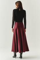 Exquise-Yandan Fermuarlı Yüksek Bel Grogren Detaylı Saten Regular Vişne Midi Etek-ETEK-2-Milagron.com