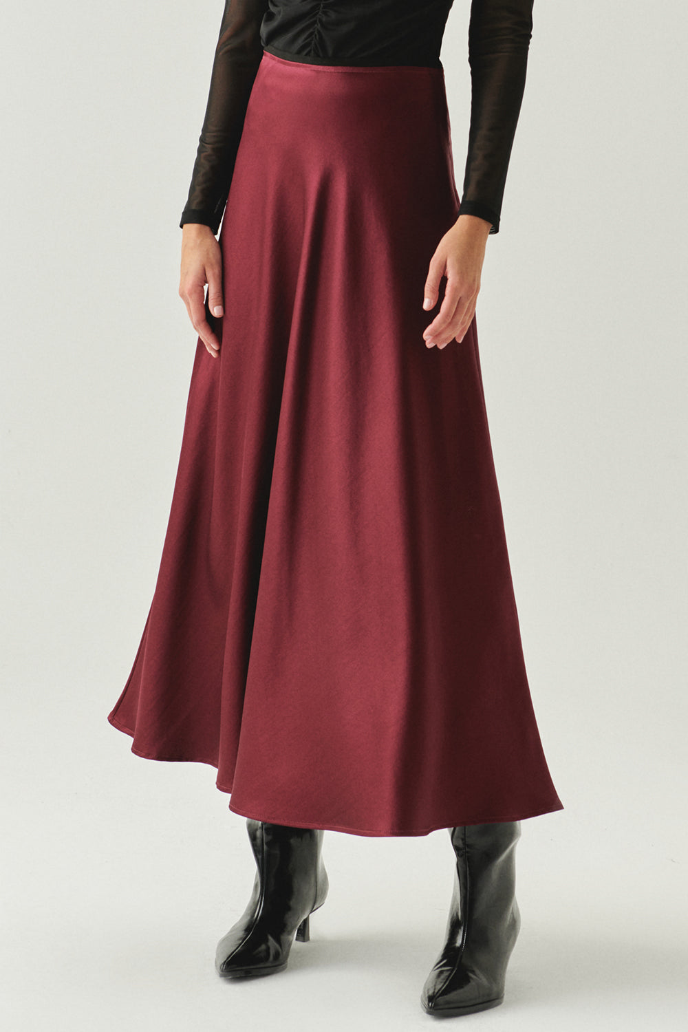 Exquise-Yandan Fermuarlı Yüksek Bel Grogren Detaylı Saten Regular Vişne Midi Etek-ETEK-3-Milagron.com