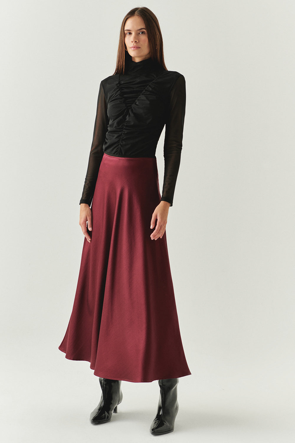 Exquise-Yandan Fermuarlı Yüksek Bel Grogren Detaylı Saten Regular Vişne Midi Etek-ETEK-4-Milagron.com