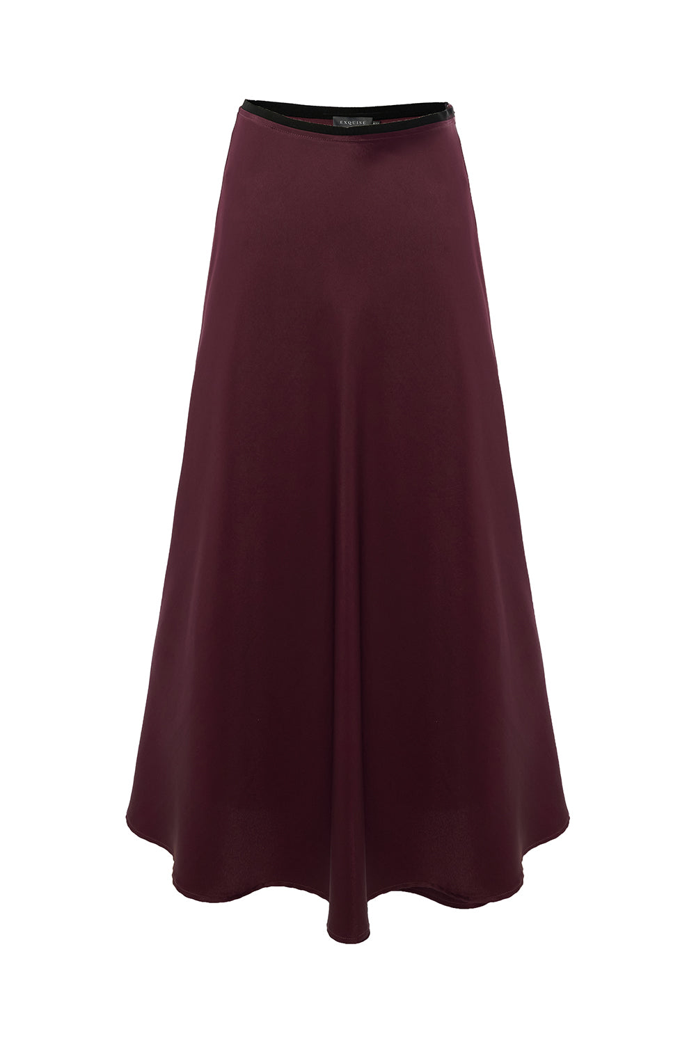 Exquise-Yandan Fermuarlı Yüksek Bel Grogren Detaylı Saten Regular Vişne Midi Etek-ETEK-8-Milagron.com