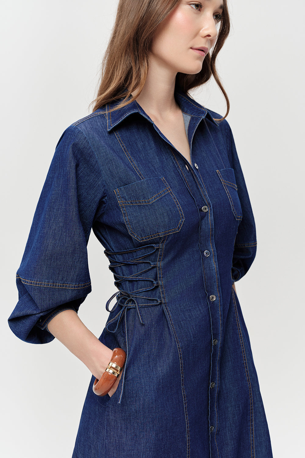 Yanları Bağcıklı Uzun Kollu Düğmeli Regular Midi Mavi Elbise