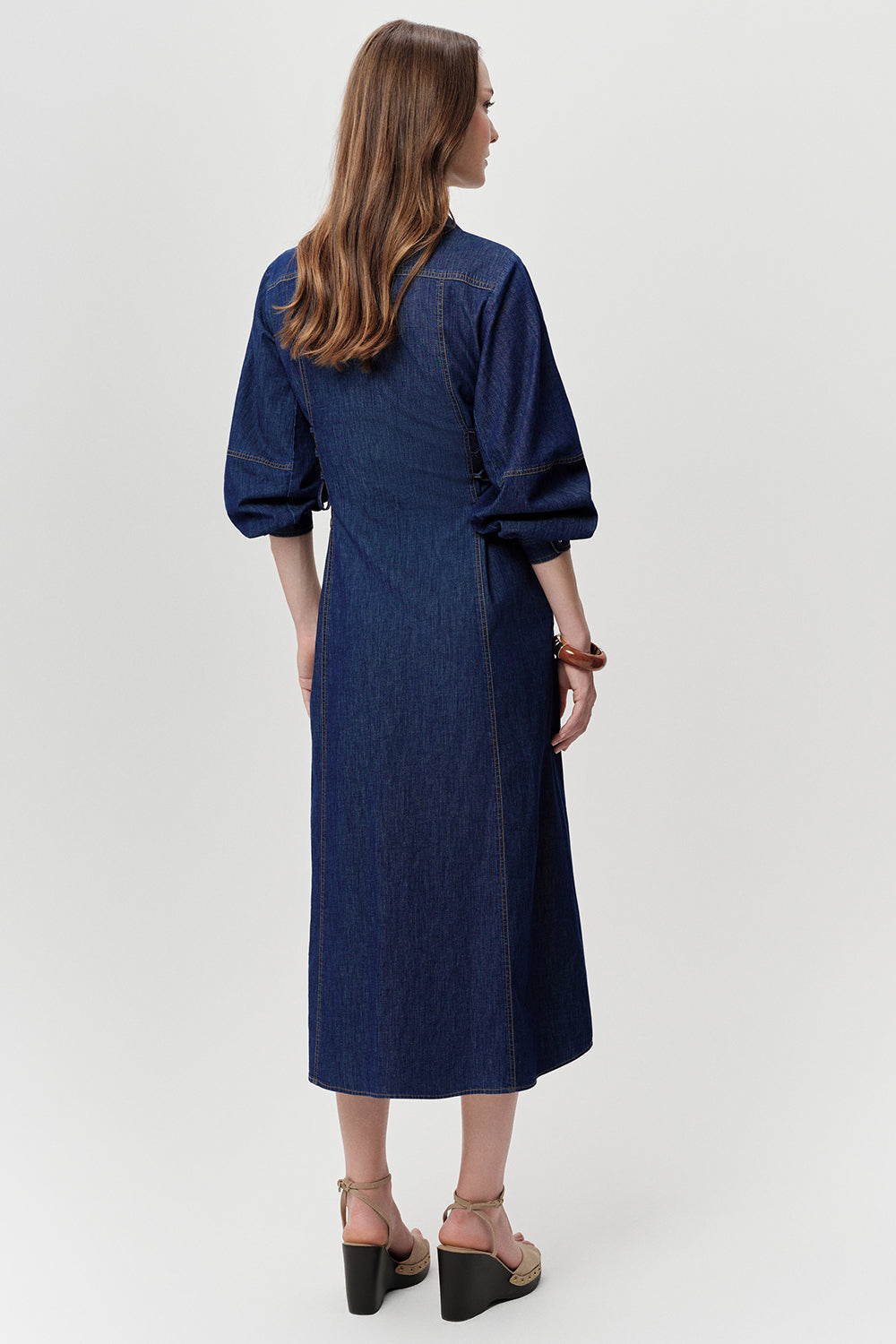 Yanları Bağcıklı Uzun Kollu Düğmeli Regular Midi Mavi Elbise