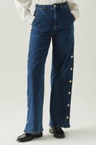 Exquise-Yanları çıt çıtlı Cepli Geniş Paça Regular Denim İndigo Pantolon-JEAN-5-Milagron.com