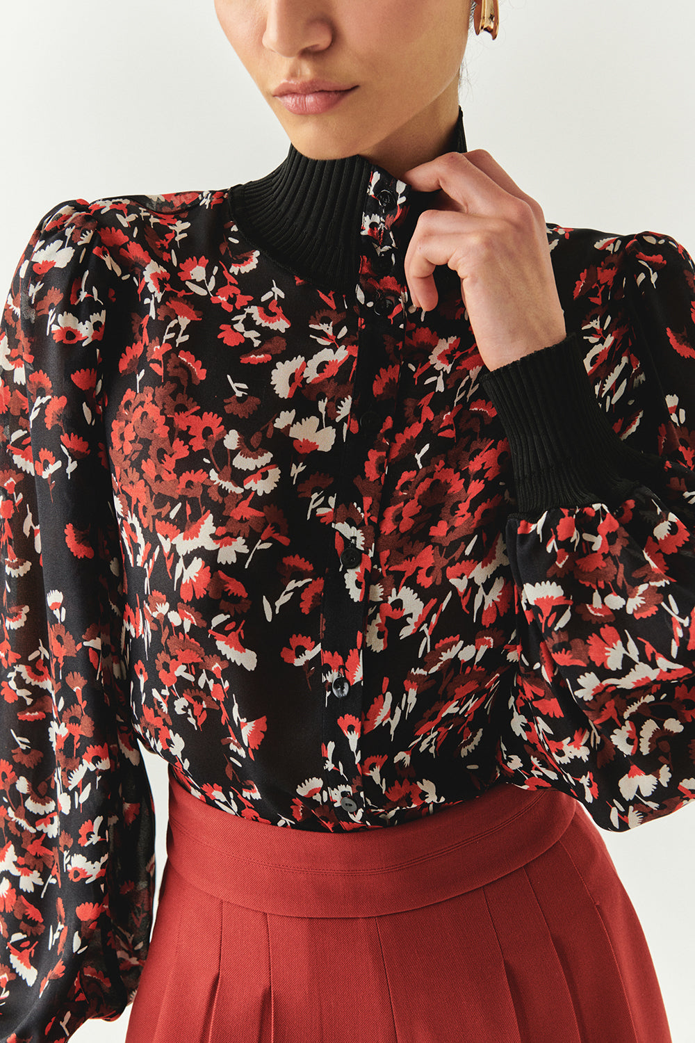 Exquise-Yarım Balıkçı Yaka Uzun Kollu şifon Regular Desenli Gömlek-GÖMLEK-4-Milagron.com