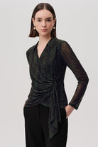 Exquise-Yılan Desenli Kruvaze Uzun Kollu Slim Fit Tül Yeşil Bluz-BLUZ-1-Milagron.com