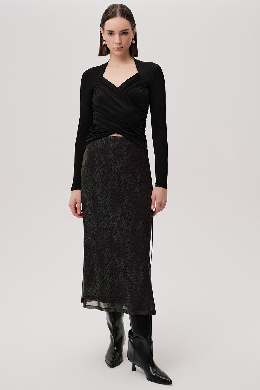 Exquise-Yılan Desenli Slim Fit Tül Midi Yeşil Etek-ETEK-1-Milagron.com