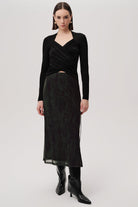 Exquise-Yılan Desenli Slim Fit Tül Midi Yeşil Etek-ETEK-1-Milagron.com