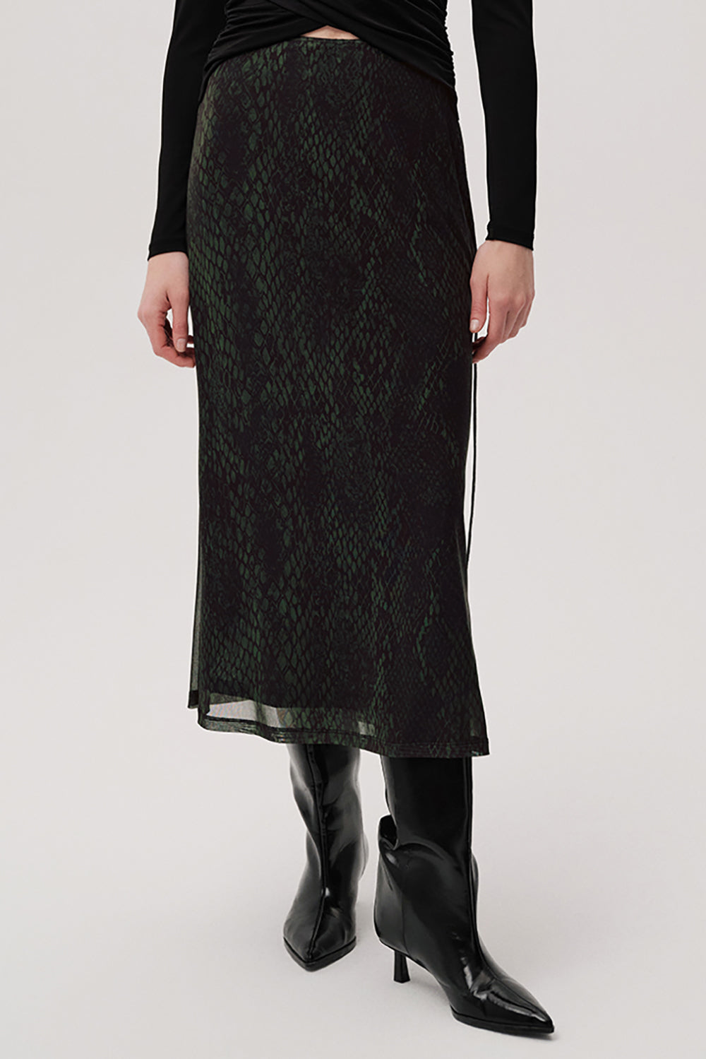 Exquise-Yılan Desenli Slim Fit Tül Midi Yeşil Etek-ETEK-2-Milagron.com