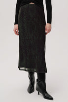 Exquise-Yılan Desenli Slim Fit Tül Midi Yeşil Etek-ETEK-2-Milagron.com