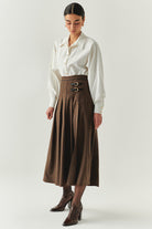 Exquise-Yırtmaç Detaylı Ekose Deri Tokalı Regular çok Renkli Midi Etek-ETEK-2-Milagron.com