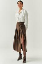 Exquise-Yırtmaç Detaylı Ekose Deri Tokalı Regular çok Renkli Midi Etek-ETEK-3-Milagron.com