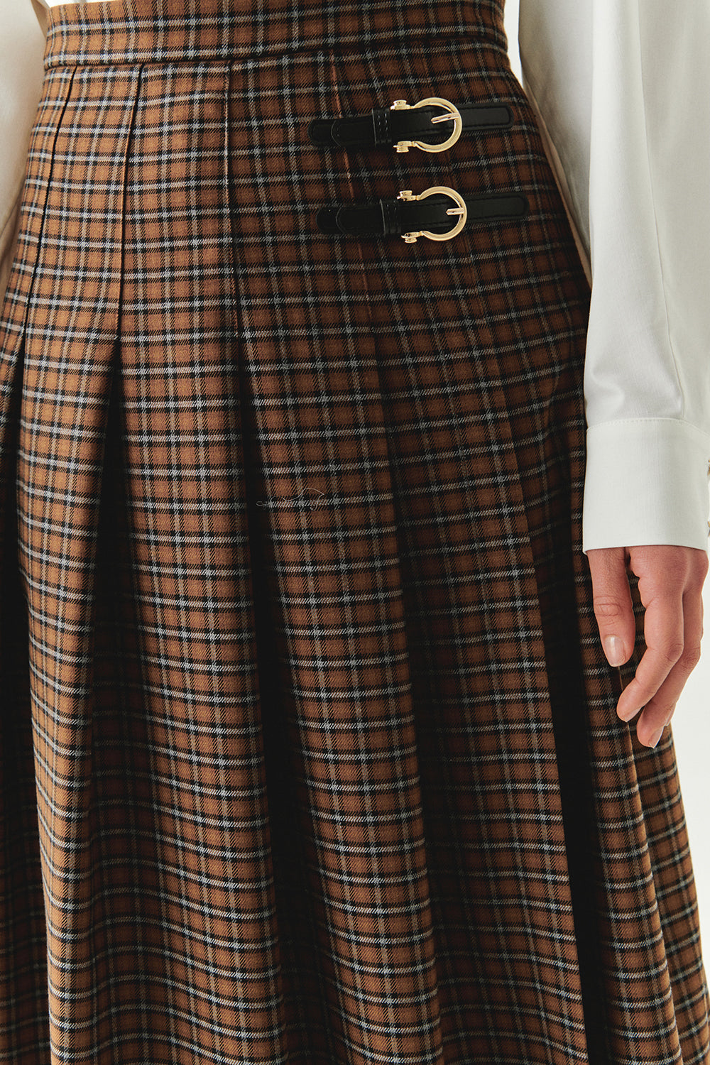 Exquise-Yırtmaç Detaylı Ekose Deri Tokalı Regular çok Renkli Midi Etek-ETEK-5-Milagron.com